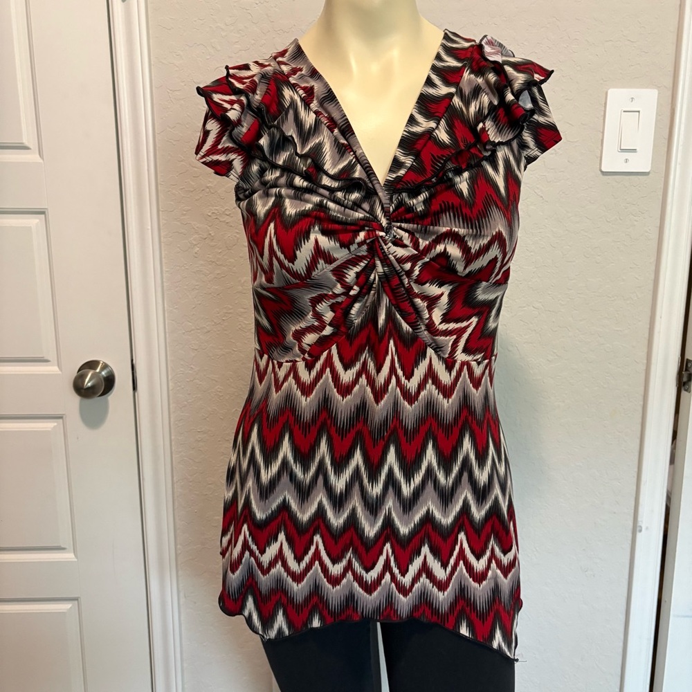 Y2K Womens Babydoll Top Size Medium Asymmetric Red Romantic Abstract Valentines